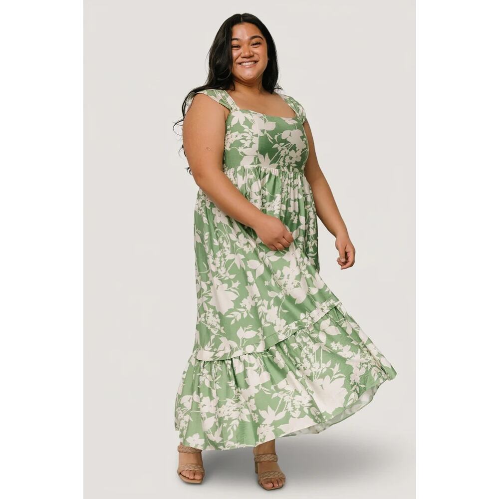 Baltic Born Aita Maxi Dress Tiered Ruffle Summer Green Floral Size 3X Feminine